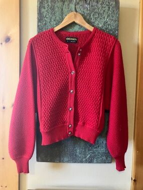1980s Geiger Red Wool Cardigan | Batwing Sleeve | EU 40 (US 8–10)